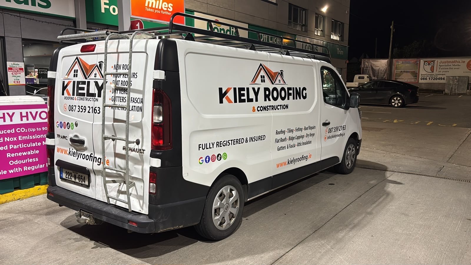 Kiely Roofing & Construction van: roofing, tiling, felting, roof repairs, flat roofs